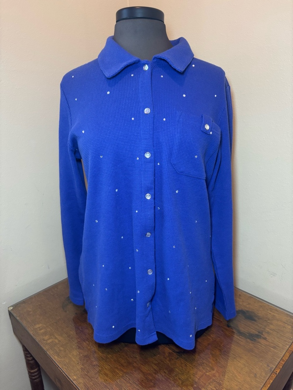 Quacker Factory Waffle Knit Royal Blue Top, Shacket, rhinestone embellishment, M
